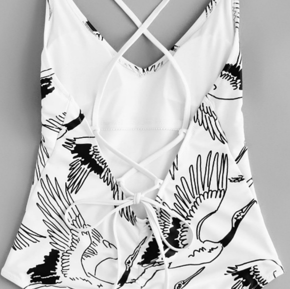 Crane Print Lace Up Back Swimsuit - Picture 4 of 7